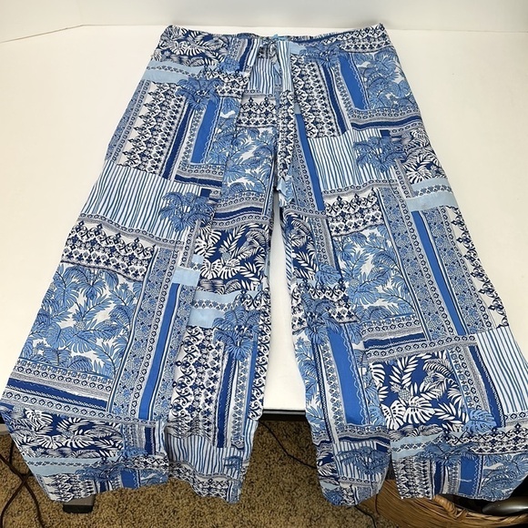 J. McLaughlin White Blue Palm Print Eugene Palazzo Pants M Wide Leg Patchwork - Picture 9 of 14